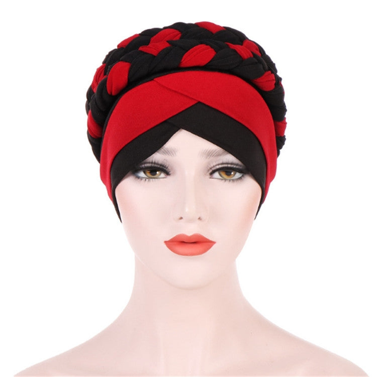 Two-color braided milk silk turban cap, red and black, headwrap with woven braid