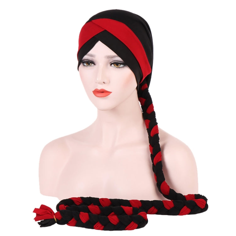 Two-color braided milk silk turban cap, red and black, side view with long braid