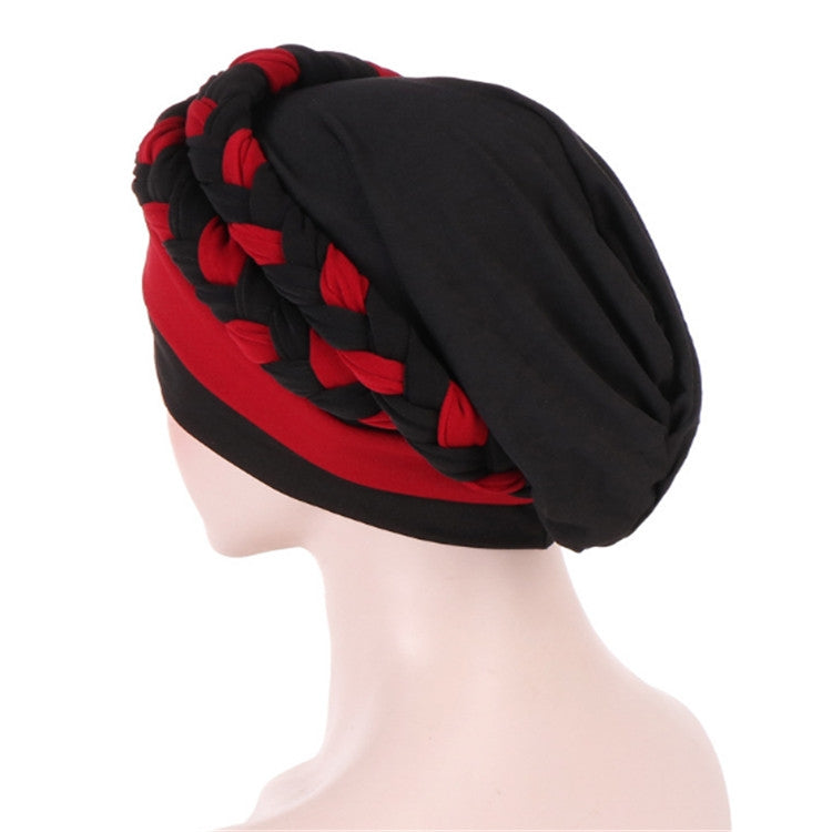 Two-color braided milk silk turban cap, red and black, back view with braided crown