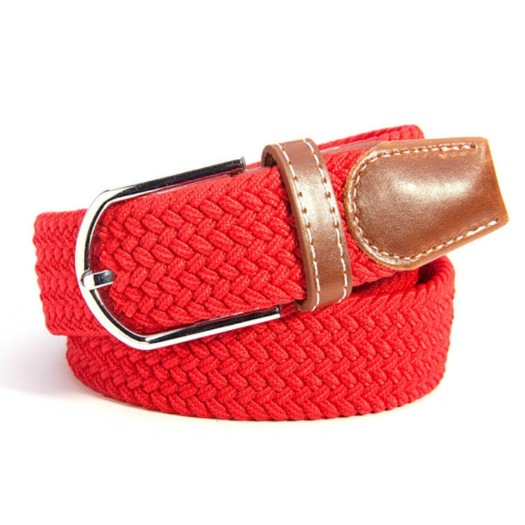 Red stretch woven fabric belt with tan leather keeper and silver buckle hardware