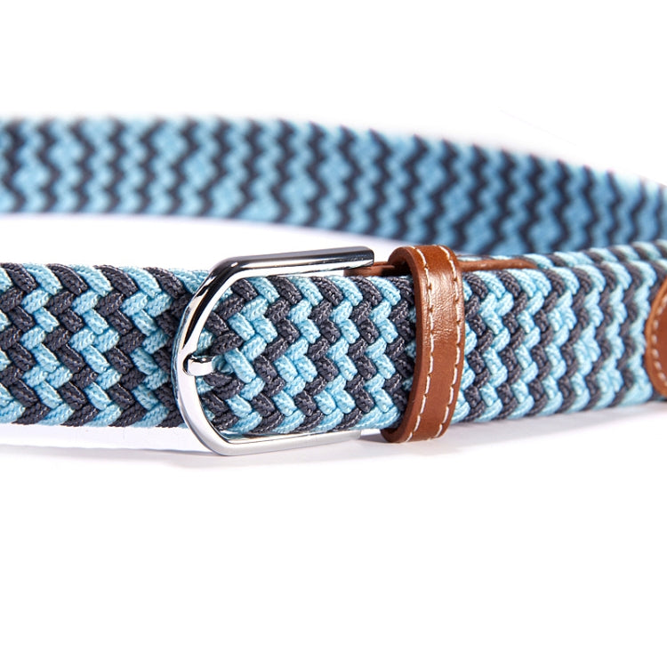 Blue and black chevron stretch woven belt with tan leather keeper and silver buckle