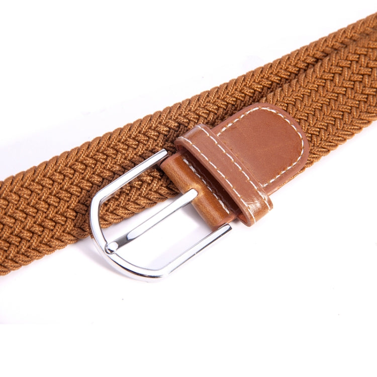Brown stretch woven belt with tan leather keeper and silver metal buckle