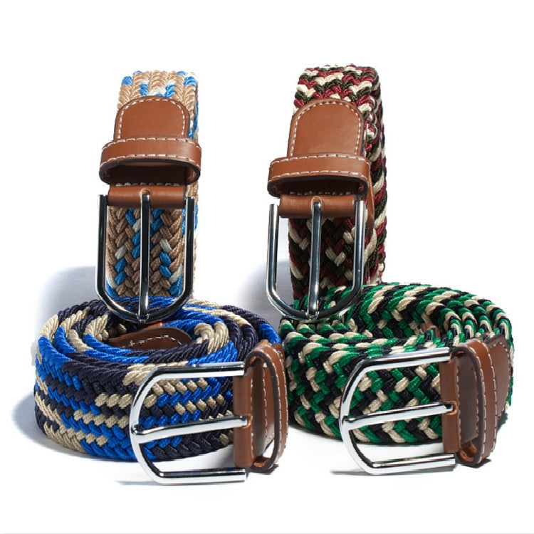 Set of multicolor braided stretch belts with brown leather keepers and silver buckles