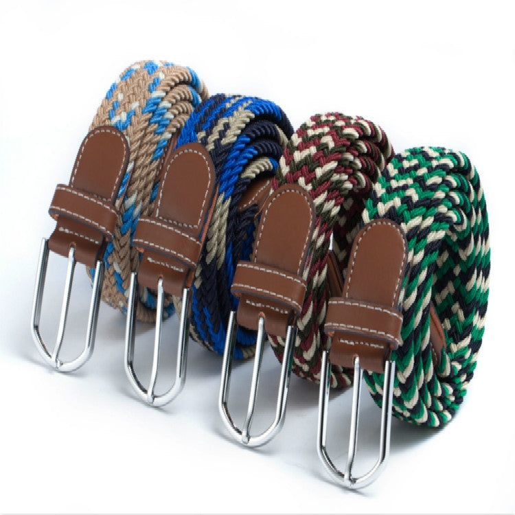 Assorted braided stretch belts: blue, green, and red with brown leather keepers and buckles