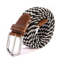 Black, white, and tan striped braided stretch belt with brown leather keeper and buckle