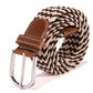 Beige and dark brown braided stretch belt with brown leather keeper and silver buckle