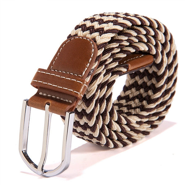 Beige and dark brown braided stretch belt with brown leather keeper and silver buckle
