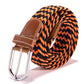 Black and orange striped braided stretch belt with brown leather keeper and silver buckle