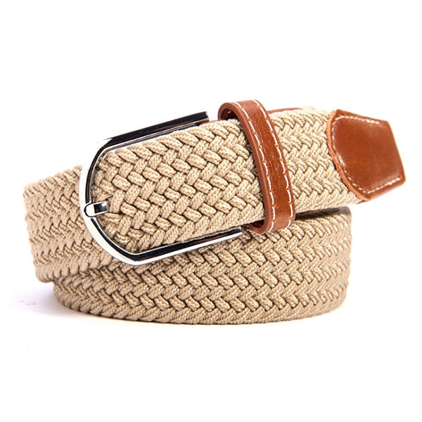 Woven canvas stretch belt, beige braided herringbone with brown leather ends and silver buckle