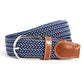 Woven canvas stretch belt, navy blue braided weave with brown leather ends and silver buckle