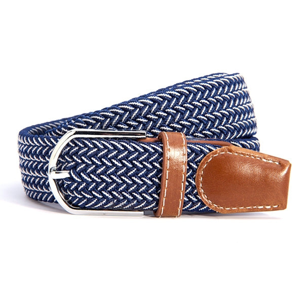 Woven canvas stretch belt, navy blue braided weave with brown leather ends and silver buckle