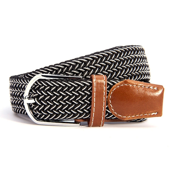 Woven canvas stretch belt, black braided herringbone with tan leather strap and silver buckle