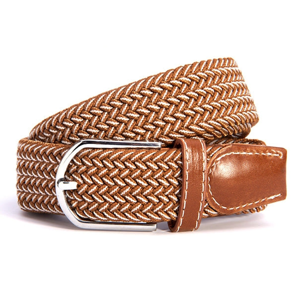 Woven canvas stretch belt, brown braided weave with tan leather ends and silver buckle