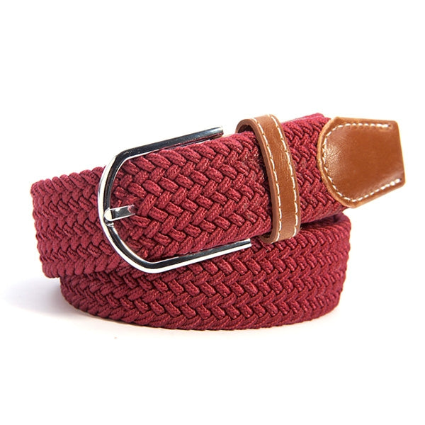 Woven canvas stretch belt, deep red braided weave with tan leather ends and silver buckle