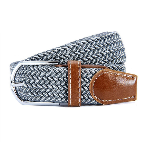 Woven canvas stretch belt, light blue braided weave with brown leather ends and silver buckle