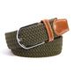 Woven stretch belt with dark olive canvas, silver buckle, tan leather end tab
