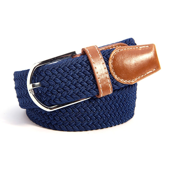 Woven stretch belt with dark blue canvas, silver buckle, tan leather end tab