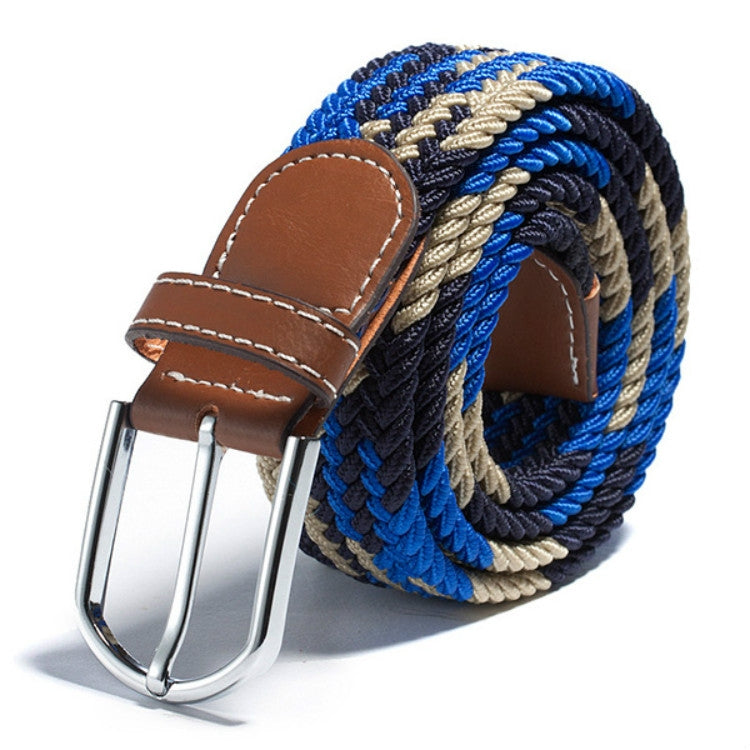Woven stretch belt with navy blue and cream striped canvas, silver buckle, tan tabs