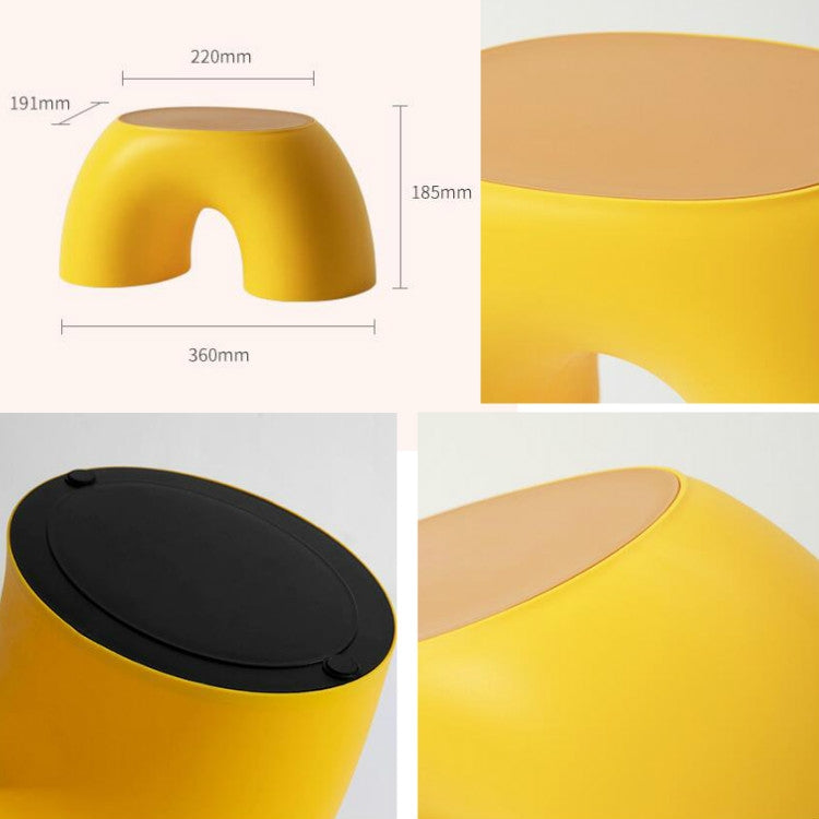 Yellow round kids stool with front cutout; shows dimensions and black seat insert.