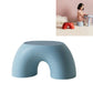 Blue round kids stool with front cutout and flat top.