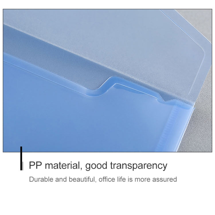Blue clear A4 document folder edge detail with snap button closure