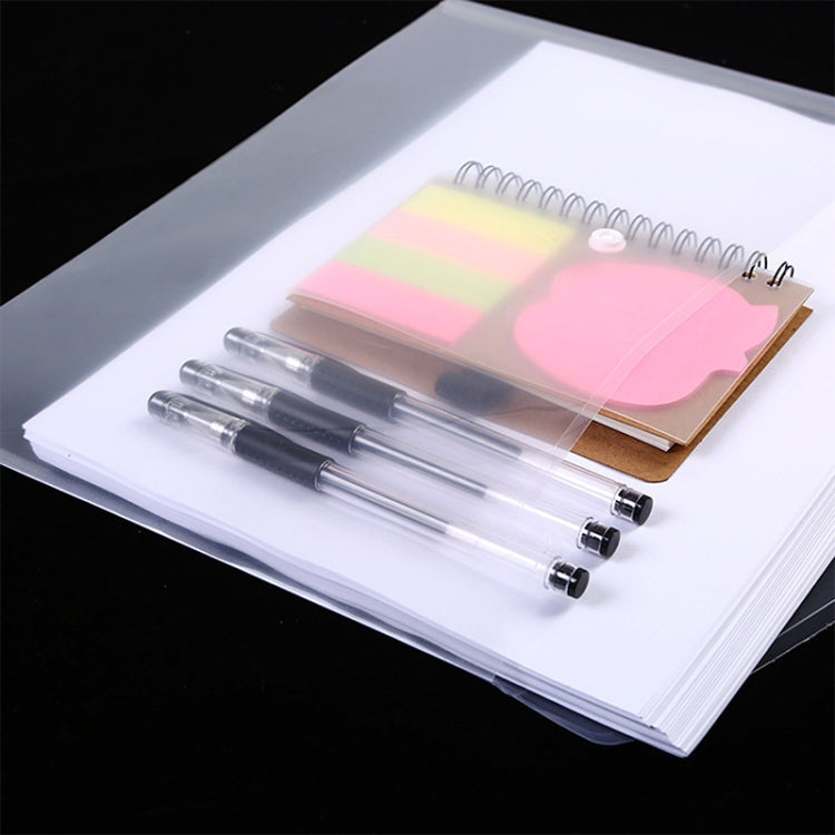 Clear A4 document folder set with snap closures, holding papers and pens