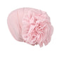 Light pink chiffon turban hat with big side ruffled flower, one size