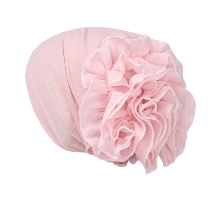 Light pink chiffon turban hat with big side ruffled flower, one size