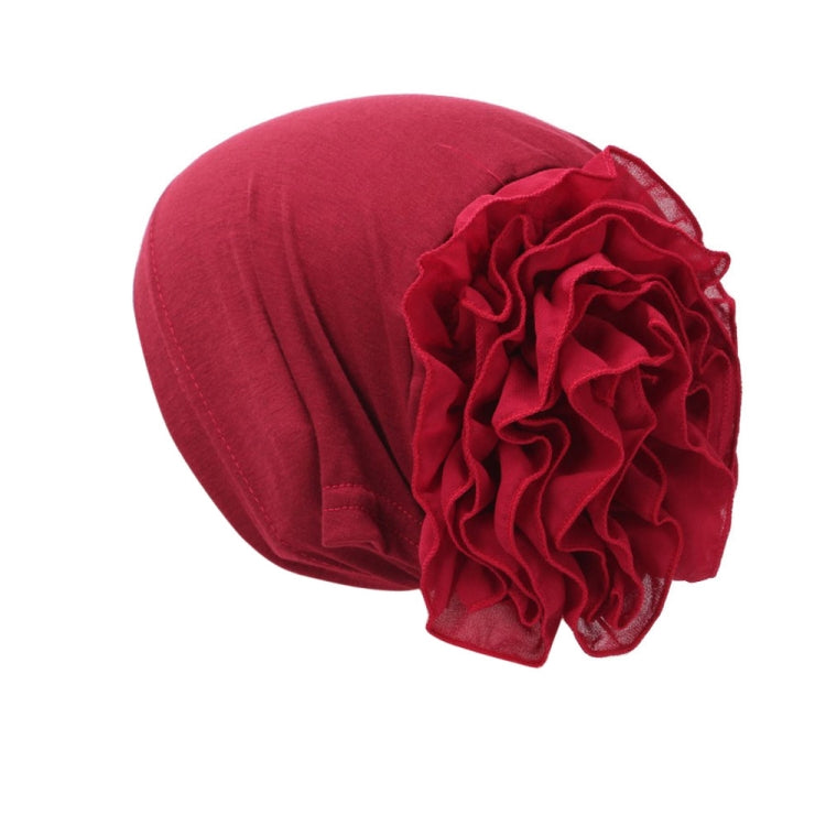 Wine red chiffon turban hat with large side ruffled flower detail, one size