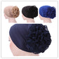 Navy blue chiffon turban hat with large side ruffled flower, one size