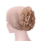 Beige chiffon big-cap turban hat with side ruffle flower, one size