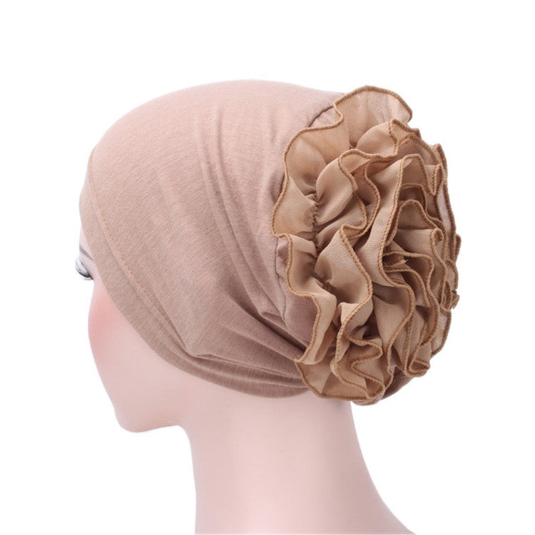 Beige chiffon big-cap turban hat with side ruffle flower, one size