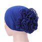 Royal blue chiffon turban hat with a large side ruffled flower, one size