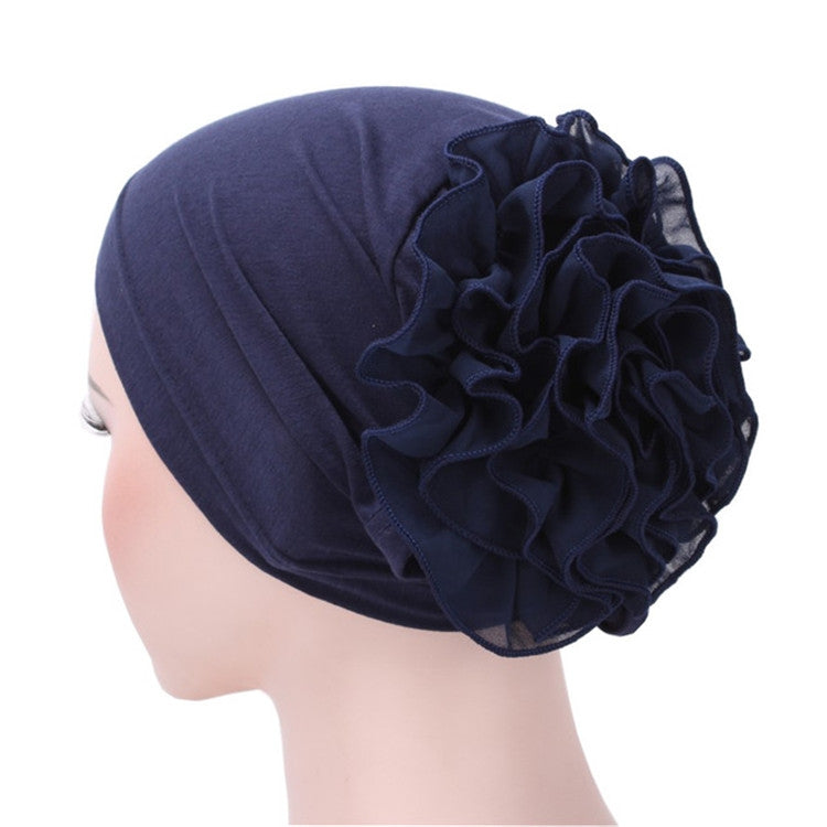 Navy blue chiffon turban hat with big side ruffled flower, one size