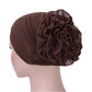 Dark brown chiffon turban hat with large rosette flower detail