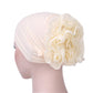 Cream chiffon turban hat with large layered rosette flower