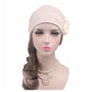 Light pink chemo cap with side fabric rose flower and pearl necklace accessory