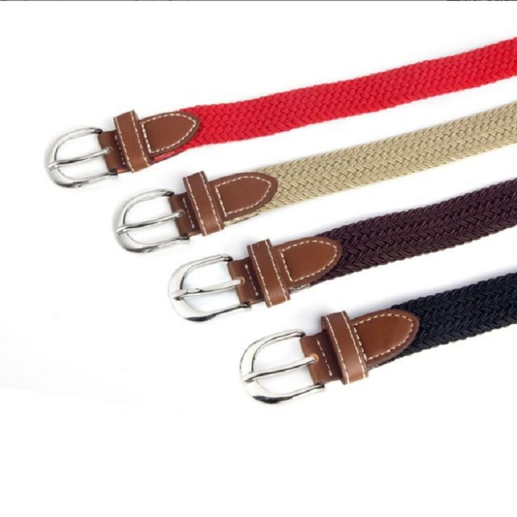 Set of narrow elastic woven belts with silver buckles and brown leather accents in multiple colors.