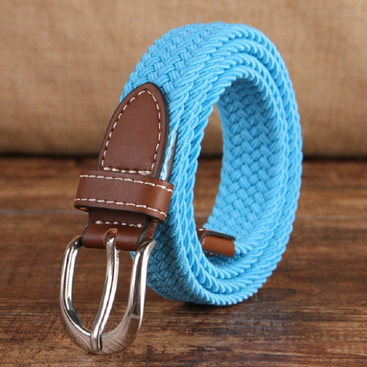 Narrow woven elastic belt with silver buckle, light blue braided canvas, brown keeper.