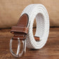 Narrow woven elastic belt with silver buckle, white braided canvas, brown keeper.