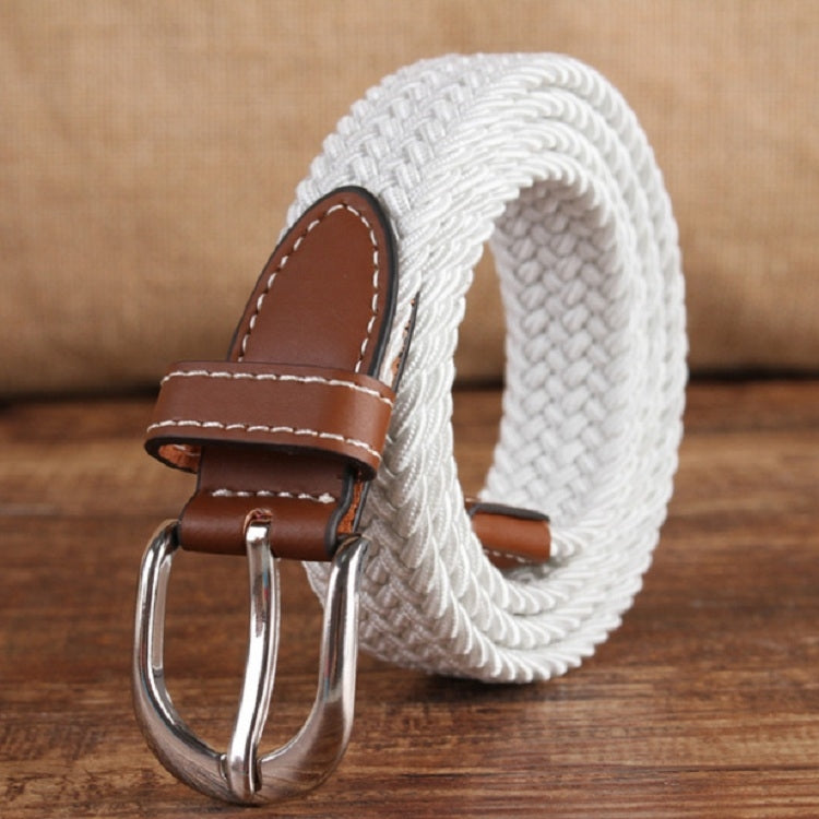 Narrow woven elastic belt with silver buckle, white braided canvas, brown keeper.