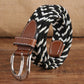 Narrow woven elastic belt with silver buckle, black-and-white braided canvas, brown keeper.