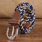Narrow woven elastic belt with silver buckle, navy-and-beige braided canvas, brown keeper.