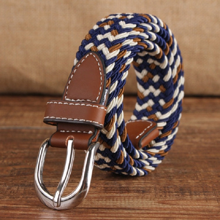 Narrow woven elastic belt with silver buckle, navy-and-beige braided canvas, brown keeper.
