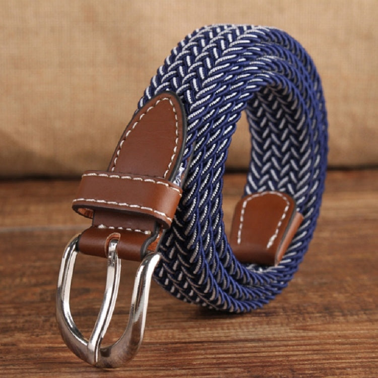 Braided elastic belt with silver double-prong buckle, brown leather tabs, navy-white weave