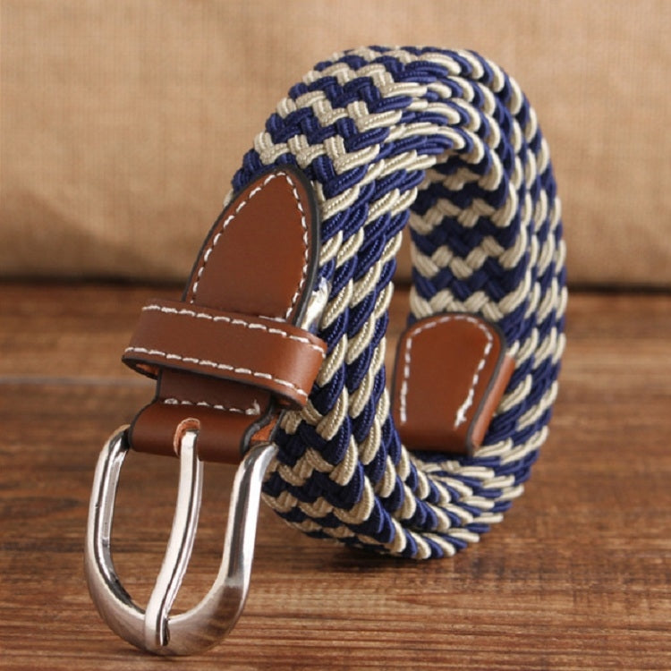 Braided elastic belt with silver double-prong buckle, brown leather tabs, navy-and-cream striped weave