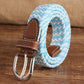 Braided elastic belt with silver double-prong buckle, brown leather tabs, light blue striped weave