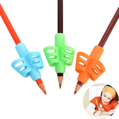 Children's pencil grip aid with blue, green, and orange butterfly-shaped holders