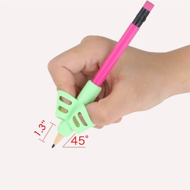 Children's pencil grip aid with green butterfly holder on pink pencil