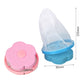 Blue and pink laundry filter net bags with flower-shaped lids and mesh pouches